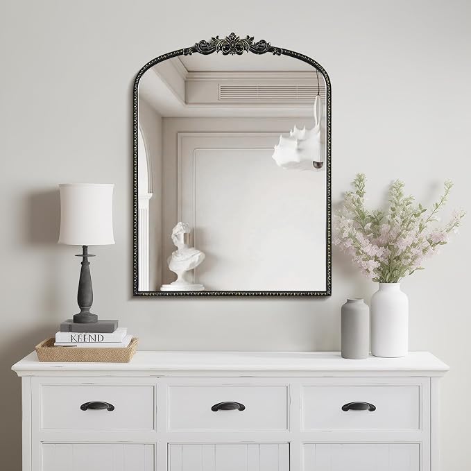 WallBeyond Black Vintage Mirror for Vanity 24x32 Inch, Black Antique Mirror with Ornate Frame, Arched Vintage Wall for Bathroom, Living Room, Fireplace, Entryway