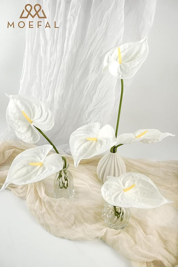 Real Touch Anthurium Artificial Flowers, 8pcs White Faux Tropical Flowers with Stems for Modern Wedding Bouquets, Elegant Centerpieces & Chic Party Decoration