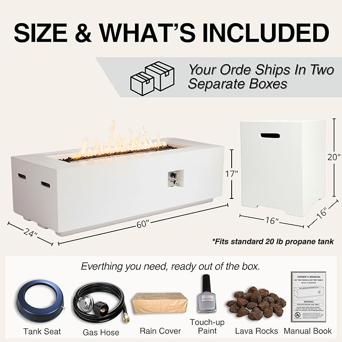HillAethel 60-Inch Outdoor Gas Propane Fire Pit Table with Propane Tank Cover,Set-2-Piece,60,000 BTU Concrete Fire Pit with Free Rain Cover, Tank Seat, Lava Rocks, for Outside Patio Backyard,White