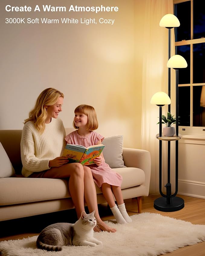 Black Dimmable Floor Lamp with Table, Modern Floor Lamps with Mushroom Shades for Living Room, 3000K Warm White Tall Standing Lamp with Bulbs& 5Lbs Heavy Base for Bedroom/Office