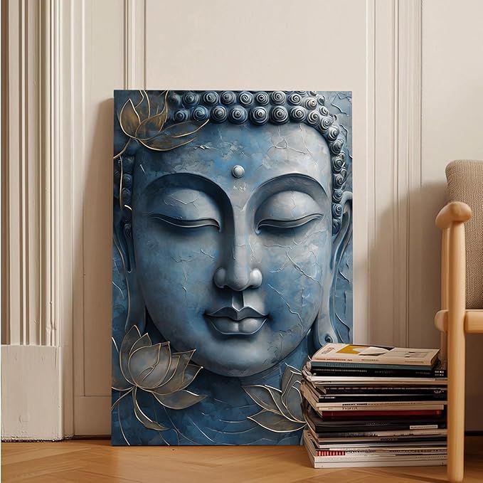 Canvas wall art Golden lotus crown Serene Buddha poster Ethereal blue toned art with delicate floral decor Zen wall art for a tranquil meditation space 8x12in Wood Framed