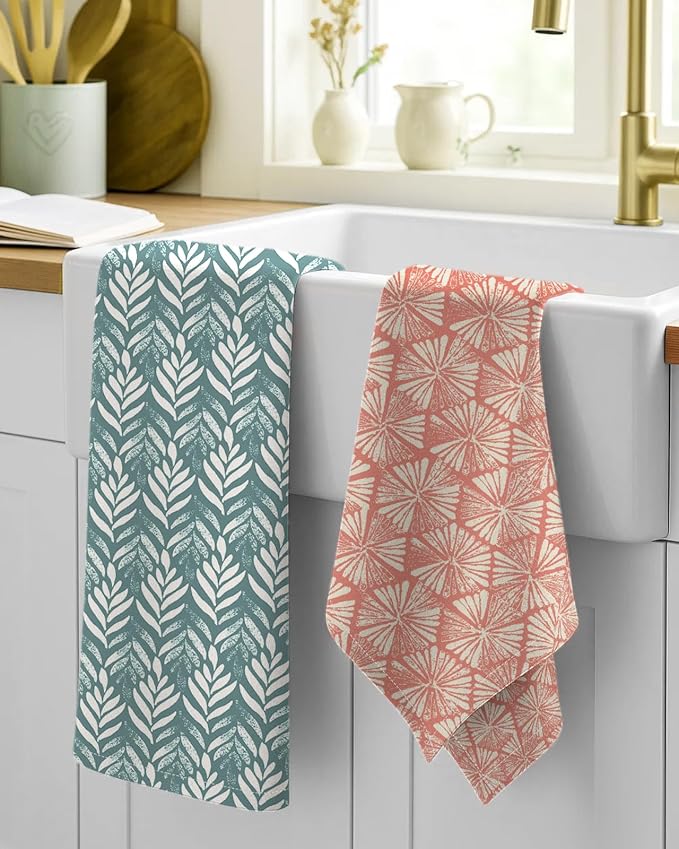 Miss Adola 2 Pack Flour Sack Kitchen Towels - 16x26 Inch Cotton Dish Towels with Hanging Loop Reusable Geometric Boho Modern Retro Tea Towel Absorbent Dishcloths Home Decor, Botanical Flower