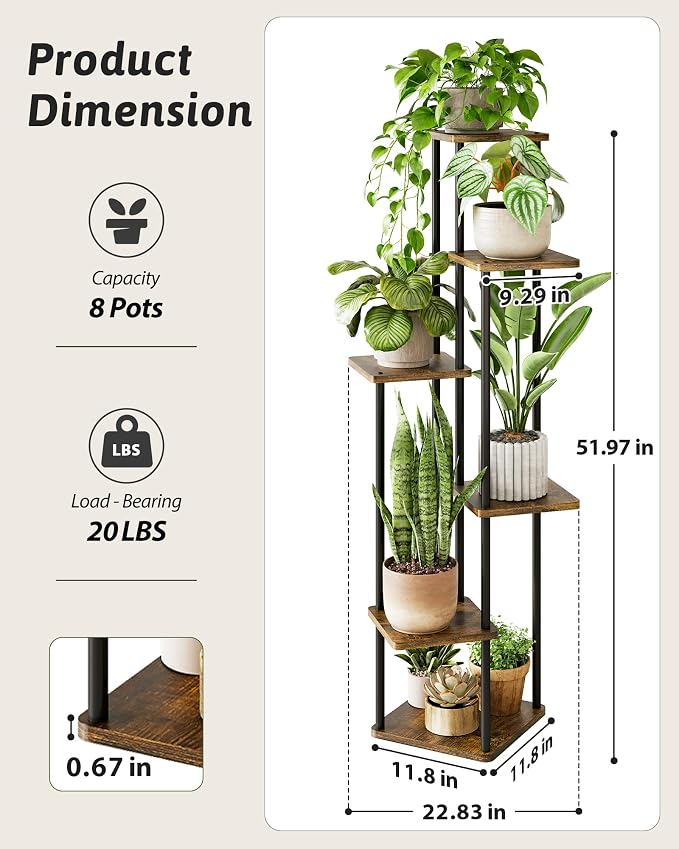 GENTINGBRO Corner Plant Stand Indoor 6 Tiered Plant Shelf for Multiple Plants Tall Plant Stand Shelf Wood Plant Stands Metal Shelving for Living Room Bedroom Balcony Brown Oak