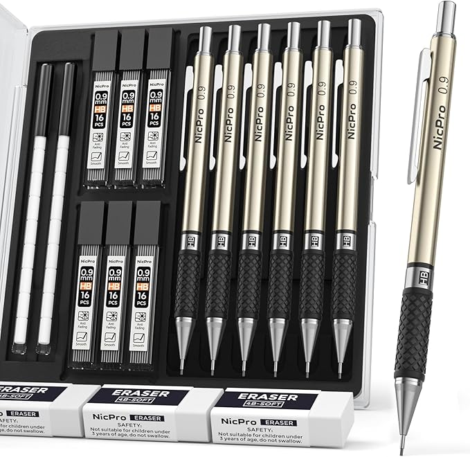 Nicpro 0.9 mm Art Mechanical Pencils Set in Case, 6 PCS Metal Drafting Pencil 0.9mm Lead Pencil with 6 Tube HB Lead Refills, 3 Erasers, 18 PCS Eraser Refills for Artist Writing, Drawing, Sketching