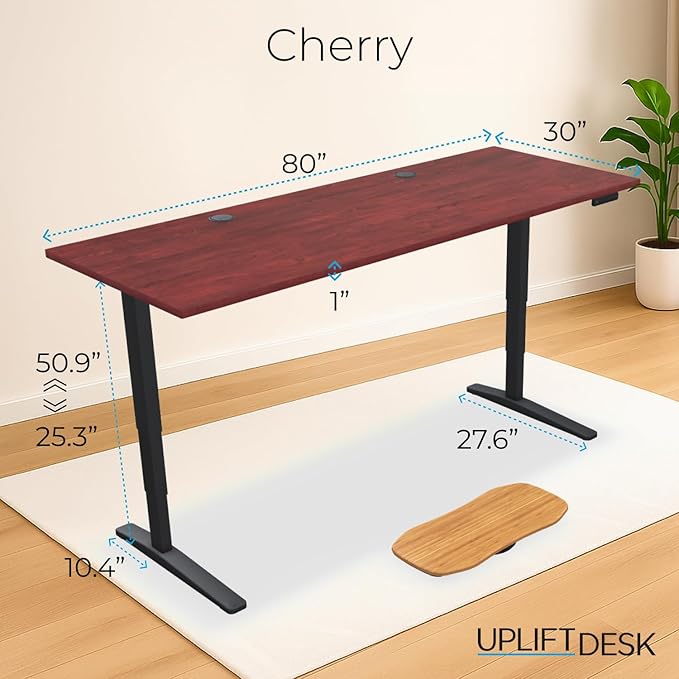 UPLIFTDESK V2 2-Leg Cherry Laminate Wood Standing Desk – Adjustable Height, Advanced 1-Touch Memory Keypad, Under Desk Cable Management, Wire Grommets & Rocker Board (Black C-Frame, 80 x 30 inch)