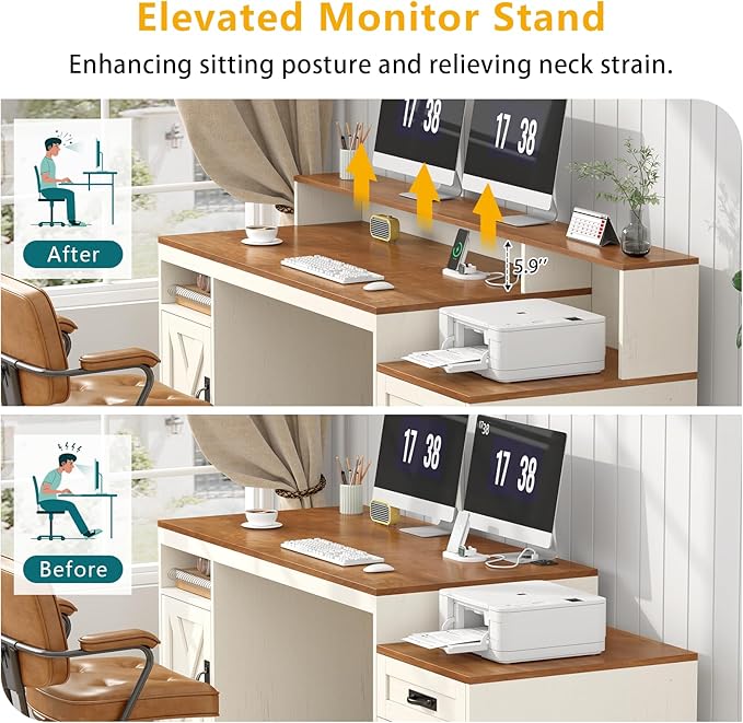 TVU Farmhouse Computer Desk with Drawers, 65'' Home Office Desk with Power Outlets, Storage Cabinet and Printer Stand, Study Writing Desks with Long Monitor Stand, White