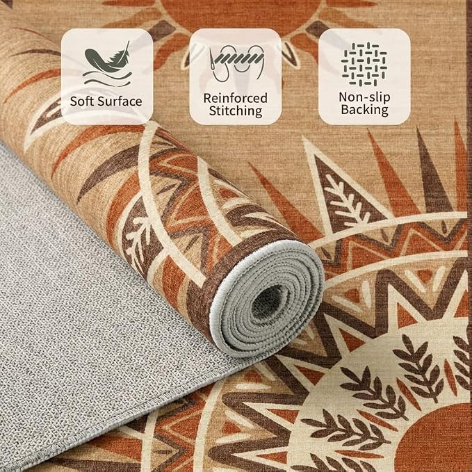 5x7 Bohemian Sun Totem Area Rug - Non-Slip Washable Low Pile, Warm Sand Brown with Deep Rust & Cream Pattern Carpet for Bedroom, Living Room, Dining Area, Home Office