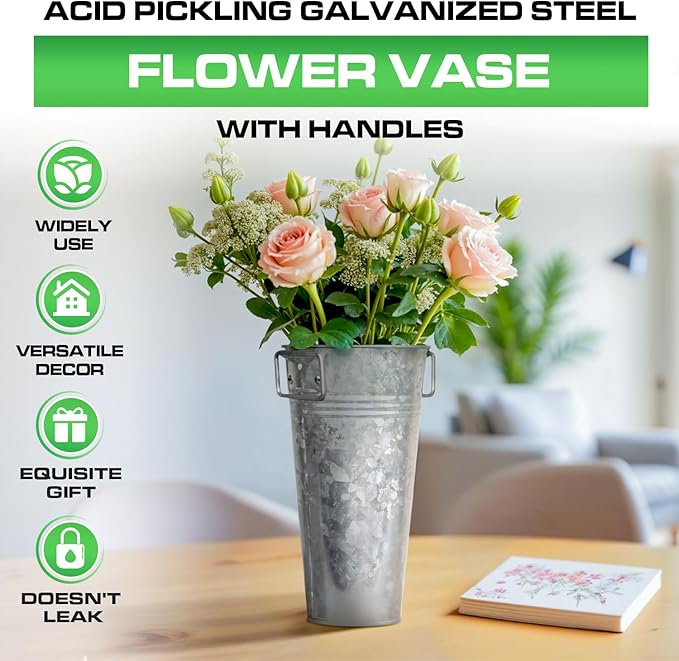 Plexon 9" Tall Galvanized Metal Vase for Flowers, Metal Flower Container with Handles, Farmhouse French Tin Vases for Flowers Ideal for Sparkler Bucket Wedding Home Decor, Set of 6