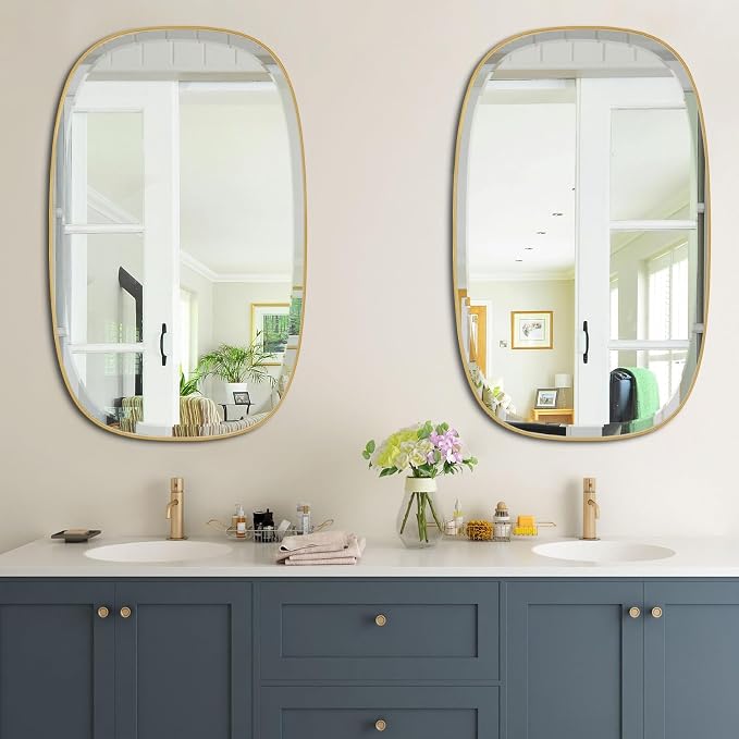 POZINO Beveled Bathroom Mirror, 40"x24" Oblong Vanity Mirrors with Stainless Steel Frame, Brushed Gold Rectangle Wall Mirror for Entryway Bedroom Hallway Living Room, Hangs Vertically or Horizontally