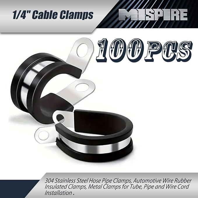 100 Pack 1/4 inch Cable Clamps, 304 Stainless Steel Hose Pipe Clamps, Automotive Wire Rubber Insulated Clamps, Metal Clamps for Tube, Pipe and Wire Cord Installation, Black, MI-RC-1/4-100