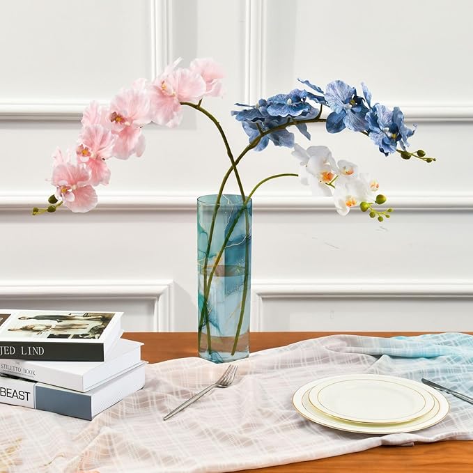 Watercolor Marble Texture Plastic Vase for Flowers 3.9" W x 11.8" H Modern Boho Style Cylinder Clear Vases for Wedding Centerpiece Table Party Home Office Decor
