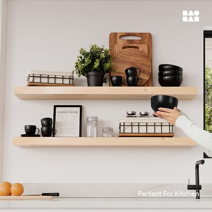 BAOBAB WORKSHOP Wood Floating Shelves for Bathroom Wall - Long Shelf 36 inch - Floating Wooden Shelves for Bedroom Kitchen Living Room - Natural Wood Shelves, 36 x 6.7 Inch, Set of 2