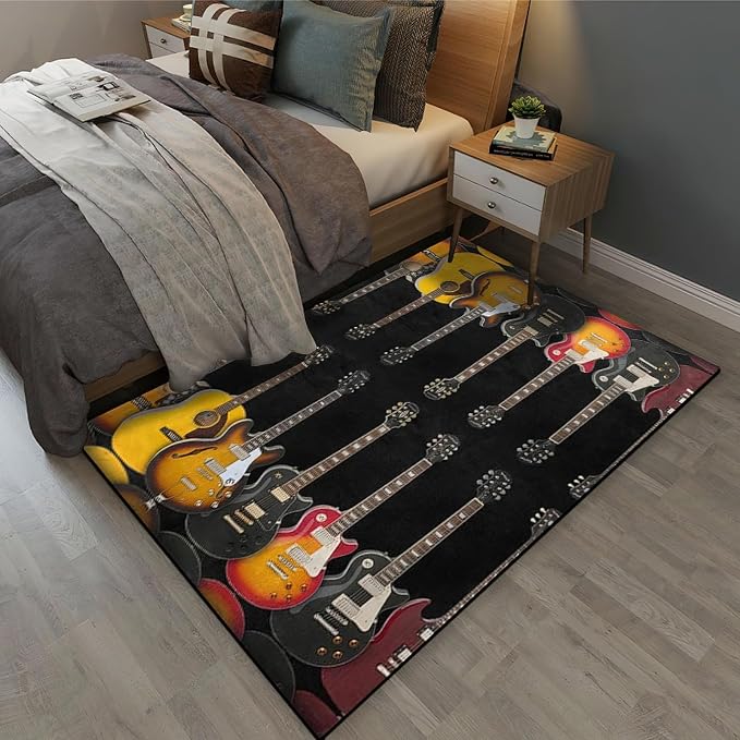 Vintage Guitar Black Area Rug, Guitar Music Lover Non Slip Living Room Rugs, Breathable Durable Carpet for Indoor Bedroom Conference Room Office Decor Rug - 5 ft x 8 ft
