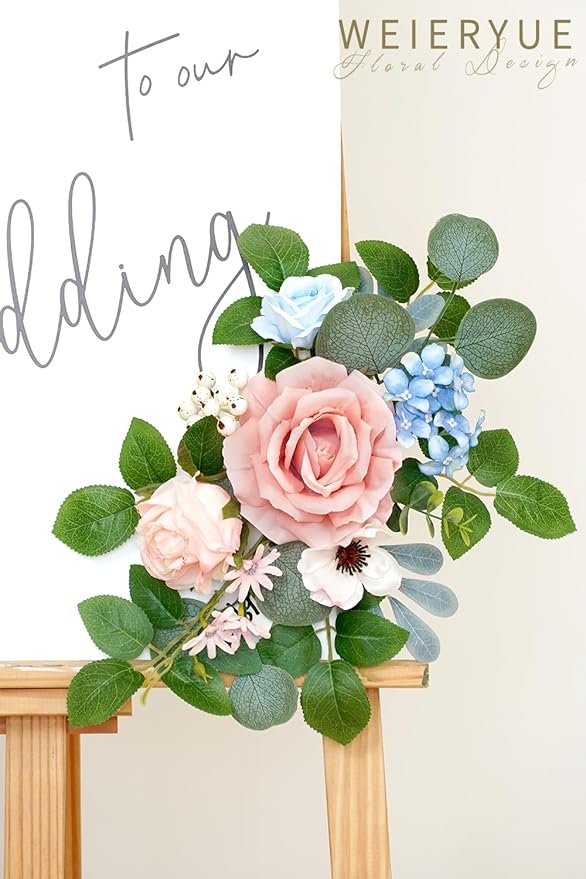 WEIERYUE(Pack of 2 Artificial Flowers Decorations,Artificial Arch Backdrop Garlandfor Ceremony Party Reception Entrance Welcome Easel Door Floral Decor Wall Home Entryway Outdoor (Soft Blue Powder)