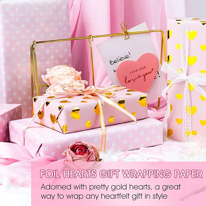 Yarcony Pink Wedding Wrapping Paper, Gold Heart Gift Wrapping Paper, Reversible Love-Themed Girl Gift Wrap for Anniversary Birthday Valentine's Day Mother's Day Christmas(17 Inch X 33 Feet)