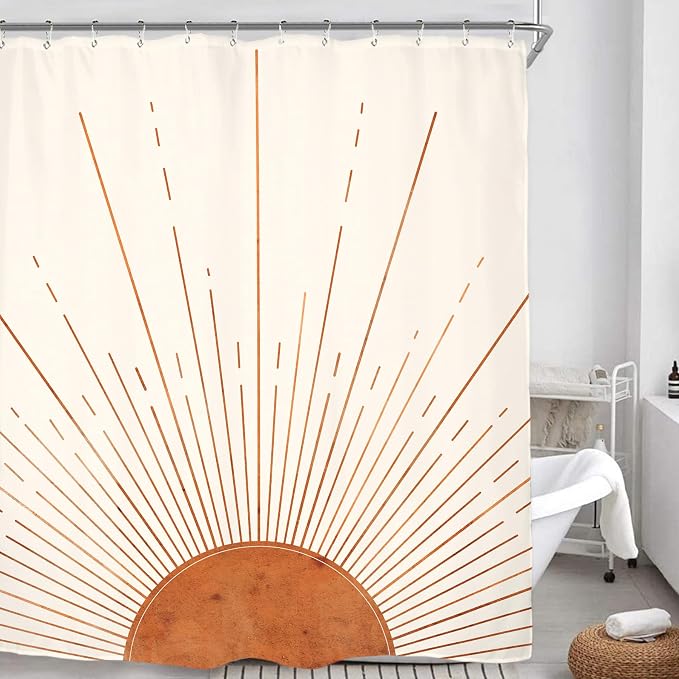Miyotaa Rust Sun Abstract Shower Curtain Set 71Wx71H Inches Minimalist Mid Century Modern Vintage Aesthetic Sunrise Polyester Waterproof Bathroom Curtain with 12 Hooks