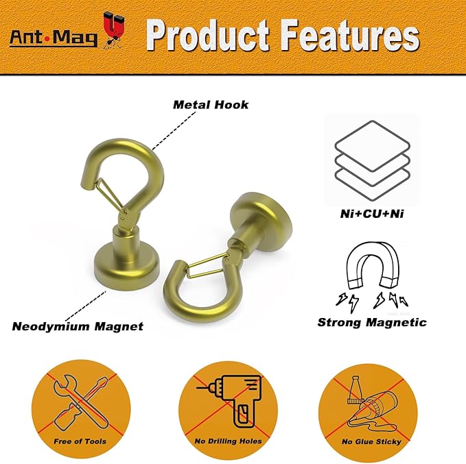 Ant Mag Magnetic Hooks Heavy Duty with Snap 22lbs Strong Gold Magnet Hooks Great Hanging for Refrigerator, Cruise Cabin, Grill, Wreath,Kitchen,Office 8 Pack