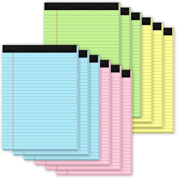 Zaviko Legal Pads 8.5 x 11 Colored Note Pads, 12 Pack Colored Paper Pads 8.5x11 Lined Paper, Pads of Paper Writing Pads, Wide Ruled Notebook Pad 8 1/2 x 11, Legal Notepads 8.5 x 11, 30 Sheets/Pad