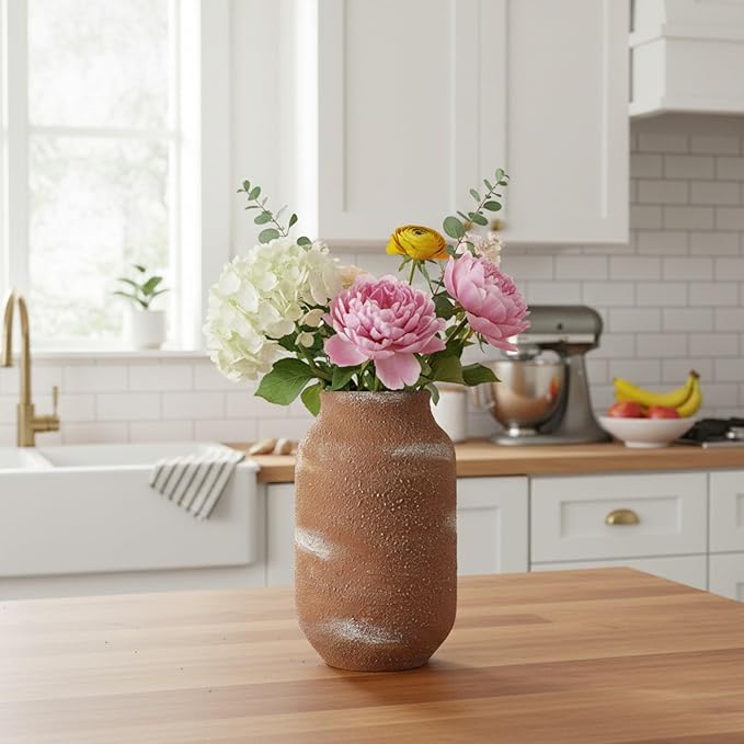 Ceramic Flower Vase,9.5 Inch Tall Rustic Farmhouse Vases for Home Decor Vintage Decorative Vases Pottery Terracotta Vases for House Living Room Decor for Kitchen Mantel Fireplace Bathroom Shelf Office