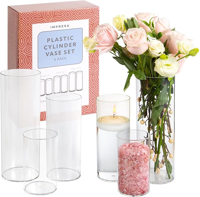 Impresa Clear Acrylic Cylinder Vase Set - 6", 9" & 12", Pack of 6 Shatterproof Plastic Vases - Wedding Centerpiece Decor - Versatile Floral Display & Home Decor