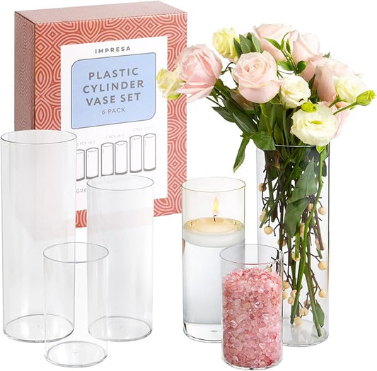 Impresa Clear Acrylic Cylinder Vase Set - 6", 9" & 12", Pack of 6 Shatterproof Plastic Vases - Wedding Centerpiece Decor - Versatile Floral Display & Home Decor
