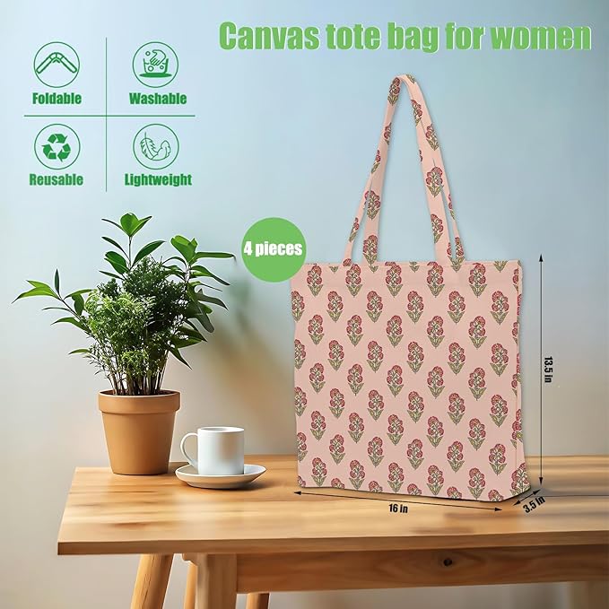 Decohim Multiple Packs Floral Japanese Print Canvas Tote Bag Reusable Grocery Bags Gifts for Women Girls Birthday Christmas