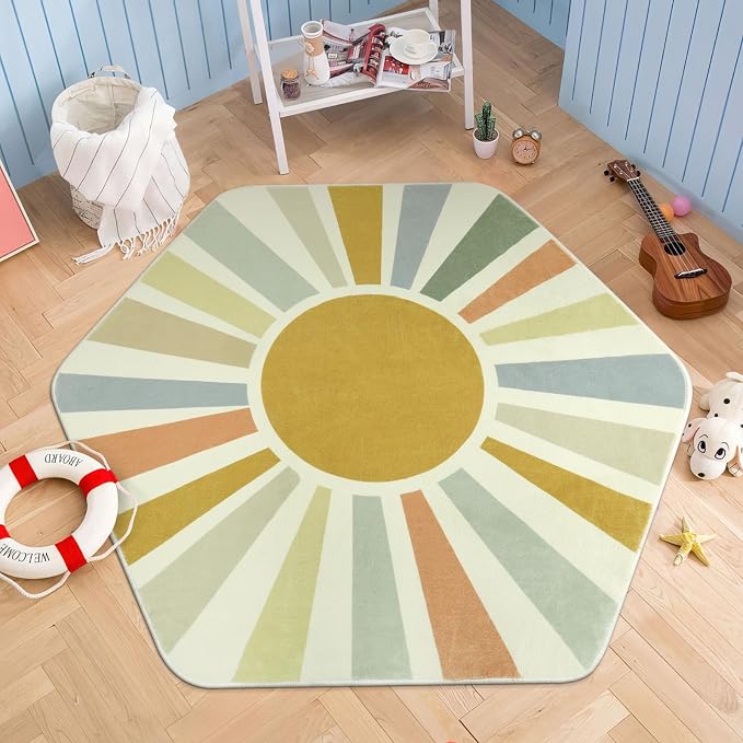 STARUIA Boho Washable Rug for Kids Play Room, 4'x 4'7" Hexagon Tent Colorful Sun Nursery Corner Rugs for Girls Boys, Ultra Soft Non-Slip Sunshine Carpet Play Rug for Princess Room Decor Classroom