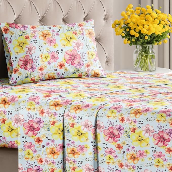 Floral Sheets - Watercolor Floral Bed Sheet Set - 1 Flat, 1 Fitted & 1 Pillowcase w/ Deep Pockets - Wrinkle & Fade Free - Boho Botanical Bedding - Ultra-Soft, Breathable and Cooling - Twin Size