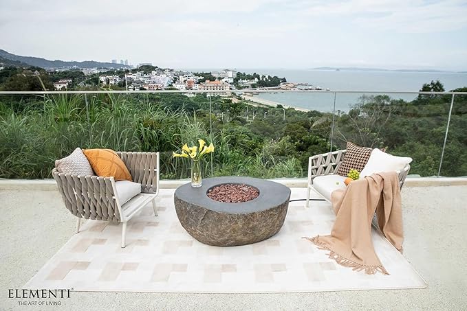 Elementi | Bundle Boulder Gas Fire Pit Cast Concrete Semi-Round Fire Table, Outdoor Fire Pit Electronic Ignition | Canvas Cover, Lava Rock Included | Natural Gas