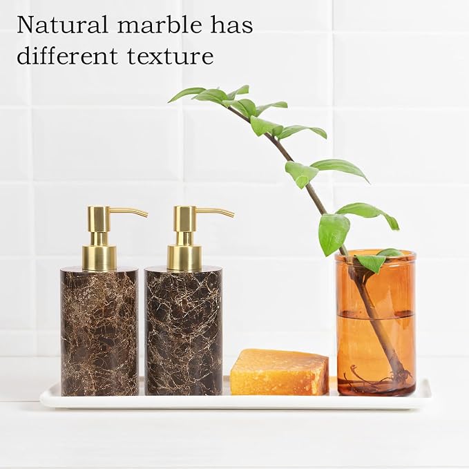 Natural Marble Soap Dispenser for Bathroom and Kitchen Countertop - 5.41 Ounces Hand Lotion and Liquid Stone Shampoo Laundry Bottle with Pump (1, Dark Brown, Cylindrical Bottle)