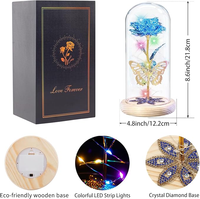 Beferr Birthday Gifts for Women Mom, Galaxy Glass Rose Forever Preserved Flowers for Delivery Prime Eternal Rose in Glass Dome Christmas Mom Gift for Grandma Wife Sister Her Friends, Blue
