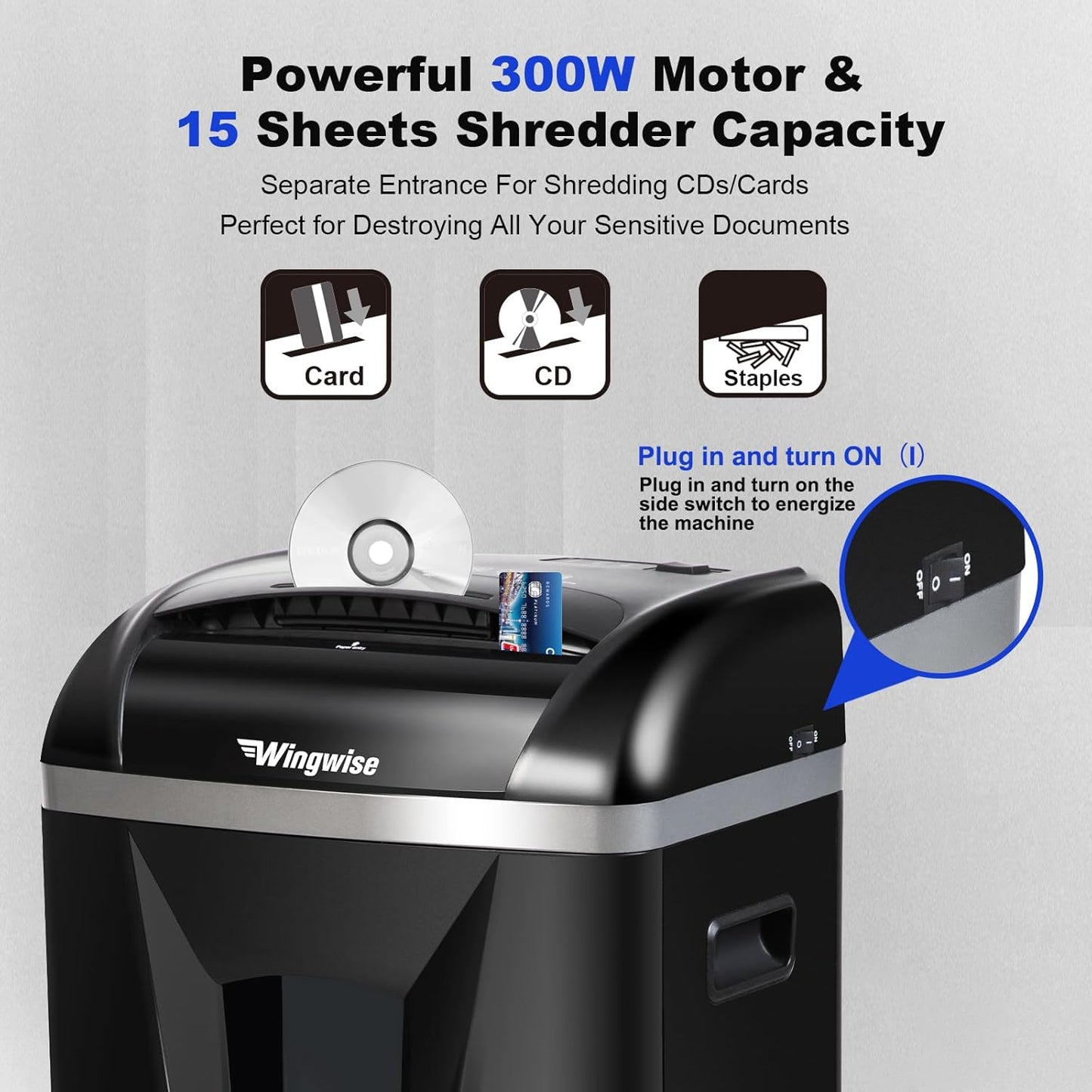 Wingwise 15-Sheet Paper Shredder - Quiet 58dB Operation, P4 Cross-Cut Security | 5.8-Gallon Bin, Shreds Credit Cards & CDs