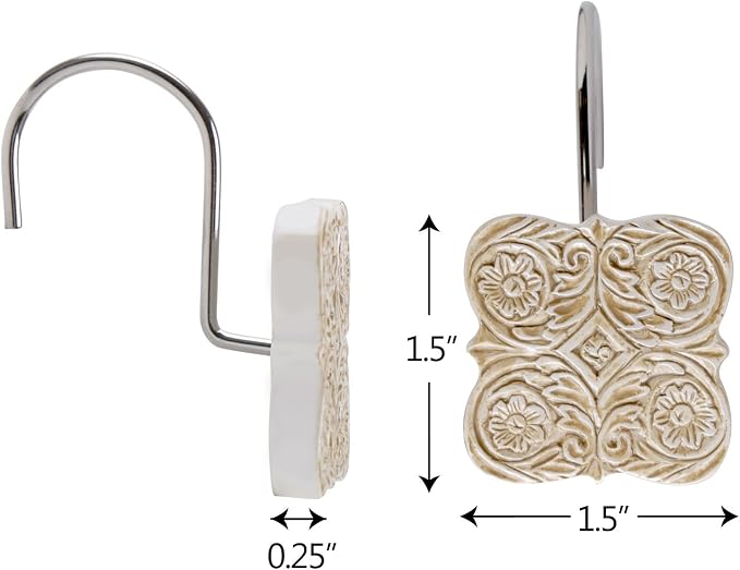 Creative Scents Victoria Shower Curtain Hooks - Set of 12 Beige Shower Curtain Rings for Bathroom Shower Rod - Decorative Bathroom Accessories Decor Shower Hooks for Shower Curtain