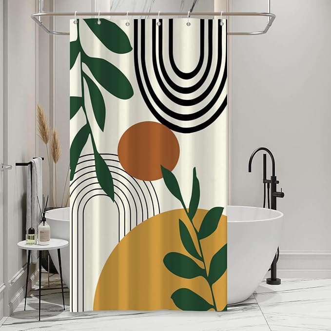 Boho Geometric Shower Curtain Beige Mid Century Abstract Arch Curve Bathroom Curtain Minimalistic Sun Shower Curtain Sets for Bathroom Extra Long 54x72 in with 10 Hooks
