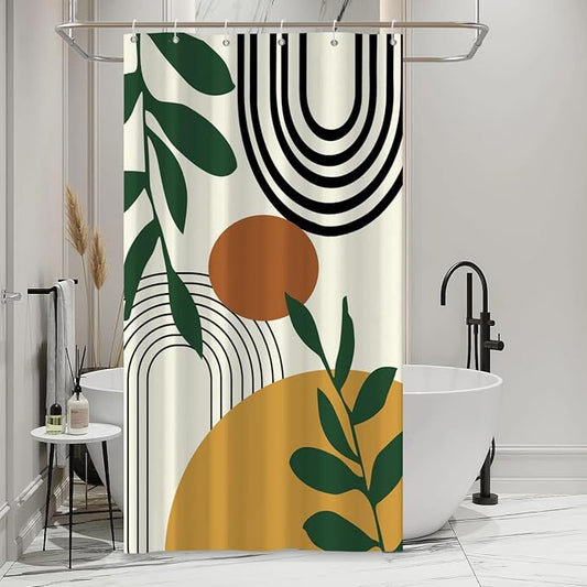 Boho Geometric Shower Curtain Beige Mid Century Abstract Arch Curve Bathroom Curtain Minimalistic Sun Shower Curtain Sets for Bathroom Extra Long 36x72 in with 6 Hooks