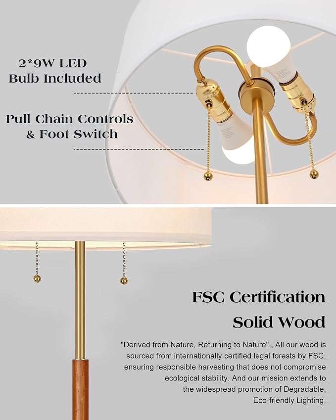 ELYONA Floor Lamp for Bedroom 2-Light Wood Standing Lamp White Fabric Shade Mid Century Modern Tall Pole Corner Light for Living Room Office 3 Color Temperatures 9W LED Bulbs Include, Brushed Brass