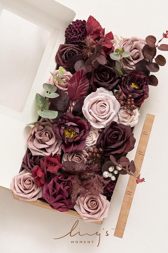 Ling's moment Fake Flowers Box, Faux Artificial Greenery Stems Foam Roses Dahlia Silk Peonies Eucalyptus Fabic Flower for Centerpieces Bouquet Wedding Vase, Dusty Rose & Burgundy, Deluxe Combo