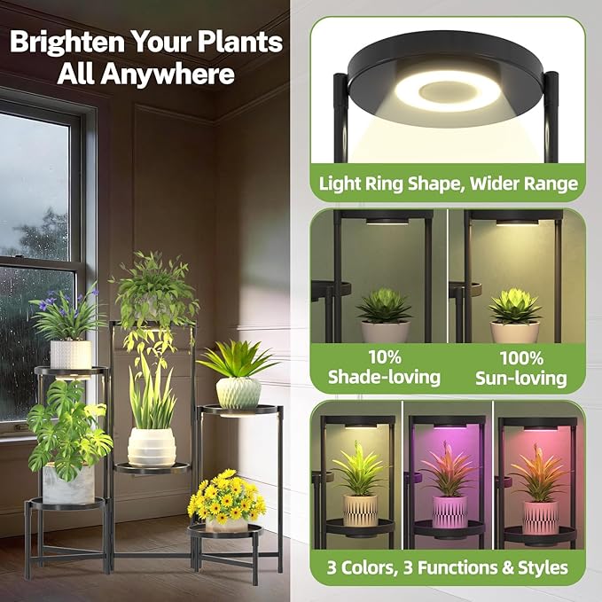 iDavosic.ly 6 Tier Large Plant Stand Indoor with Grow Light, Tiered Corner Metal Outdoor Flower Display Holder Shelf with 10 Inch Wide Tray, Folding Tall Rack for Patio Porch Living Room, Black
