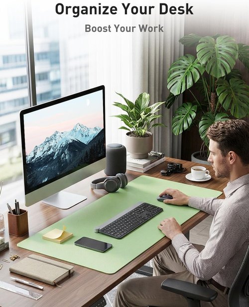 Aothia Faux Leather Desk Mat - Large Non-Slip PU Leather Blotter | Waterproof Writing Surface (Foam Green, 55" x 24")