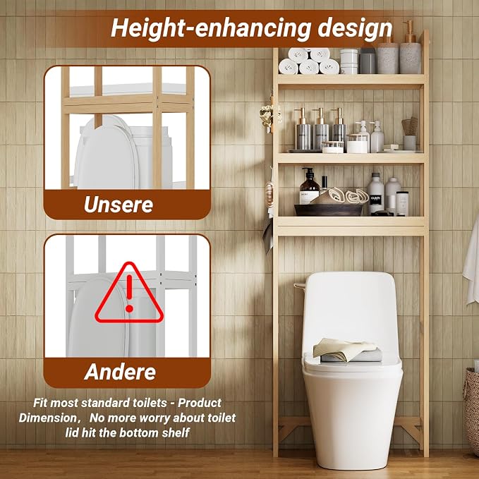 Over the Toilet Shelf, 3-Tier Over Toilet Storage Cabinet with Adjustable Shelves and 4 Hooks, Freestanding Wood Bathroom Organizer Space Saver for Small Bathrooms, Oak