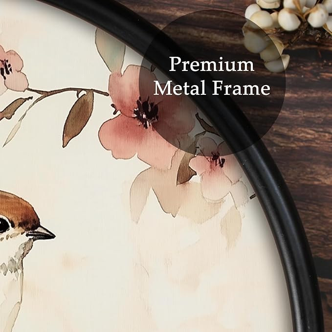 XIAOAIKA Round Vintage Wall Hanging Decor, Printed Textured Surface with Wood Back, Bird Design, Black Metal Frame, Ready to Hang for Living Room Bedroom, 10 Inch