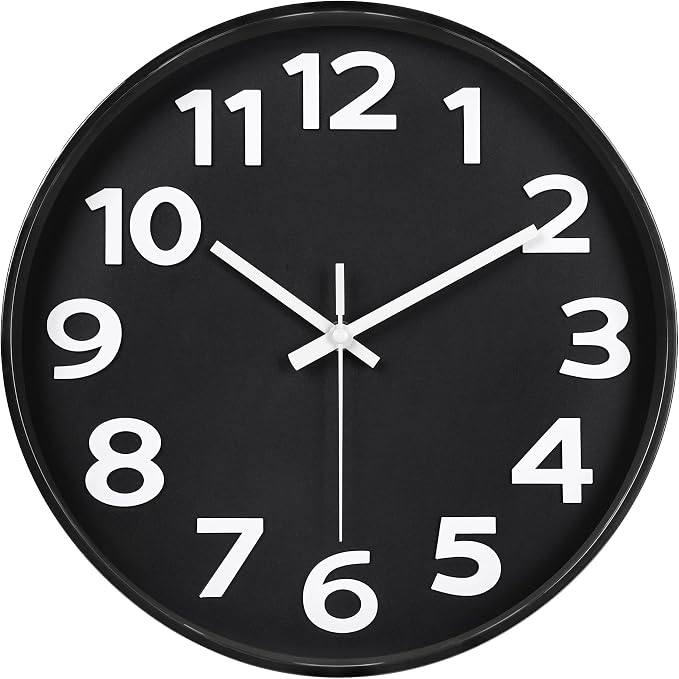 45MinST 12 Inch 3D Number Dial Face Modern Indoor Outdoor Clock, Silent Non-Ticking Round Home Decor Wall Clock with Arabic Numerals (Black)