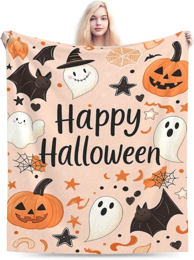 Happy Halloween Blanket Pumpkin Throw Blanket Pink Cute Bat Ghost Soft Cozy Fleece Fuzzy Stuffed Plush Flannel Gifts for Girls Women Boys Kids Adults 40''x50''