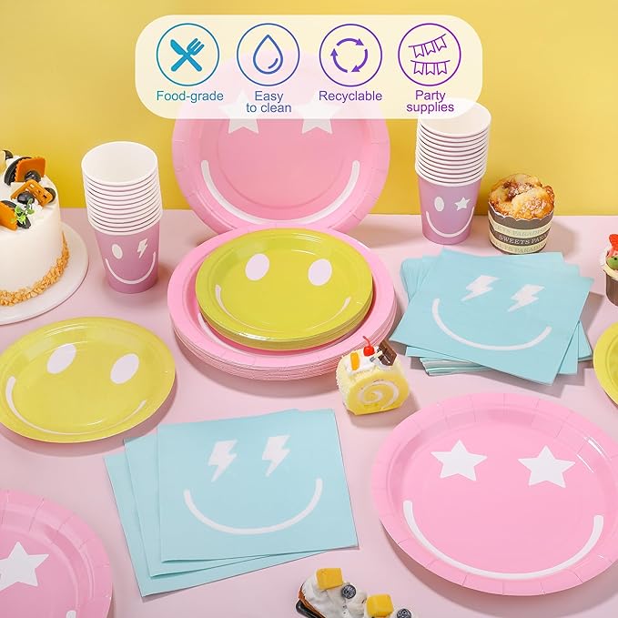 96 Piece Preppy Smiley Face Party Paper Plates Preppy Smile Face Party Decorations Preppy Tableware Set Paper Smile Face Plates Cups Napkins Cutlery Serve 24 Guest for Birthday or Baby Shower