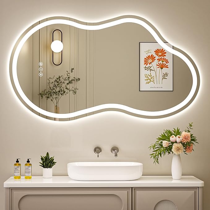 Cloud Shape Asymmetrical LED Vanity Mirror with Lights, 40"x24" Fogless Lighted Bathroom Mirror, 4mm Tempered Glass, Dimmable 3-Color & Memory Function, Wall Mounted (Horizontal/Vertical)