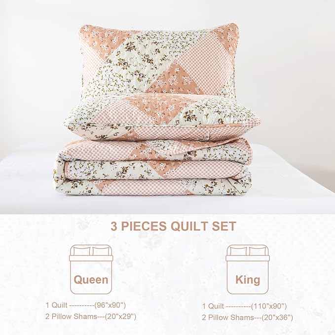 Dinjoy Pink Quilt Set Queen Size, Reversible Floral Plaid Patchwork Pattern Bedding Set Soft Microfiber Lightweight Bedspread Coverlet 3 Piece Spring Summer Use (90x96 inches)