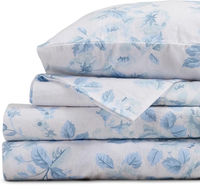 Market & Place 100% Cotton Queen Flannel Sheet Set | 4 Piece Deep Pocket Cozy Winter Floral Bed Sheets | Double Brushed for Extra Softness & Comfort | Alpine Collection (Queen, Vintage Floral)