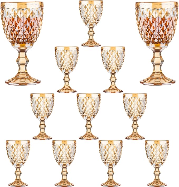 12 Pcs Vintage Wine Glasses, 10 Ounce Colored Glass Water Goblets, Unique Embossed Pattern High Clear Stemmed Glassware Wedding Party Bar Glass Drinking Cups, Diamond Amber Glasses Set of 12