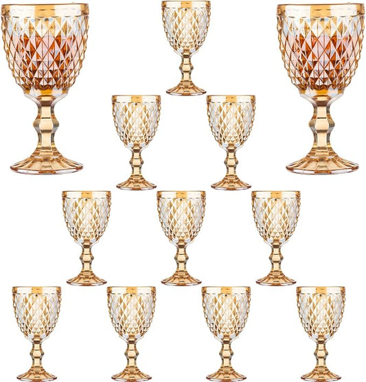 12 Pcs Vintage Wine Glasses, 10 Ounce Colored Glass Water Goblets, Unique Embossed Pattern High Clear Stemmed Glassware Wedding Party Bar Glass Drinking Cups, Diamond Amber Glasses Set of 12