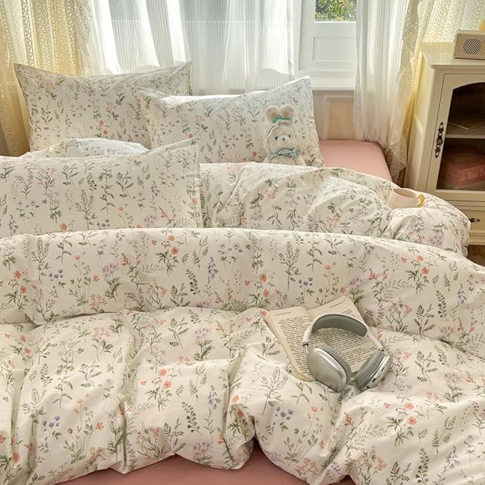 Nayoroom Floral Duvet Cover Twin Size Cottagecore Green Botanical Leaf Flower Spring Duvet Cover 2 Pcs Soft Lightweight Microfiber Pastoral Aesthetic Bedding Set Gift for Women